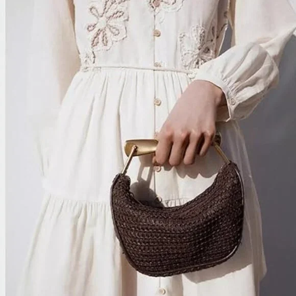 Neiman Marcus Coffee Handmade Straw Crossbody Bag - Picture 1 of 9